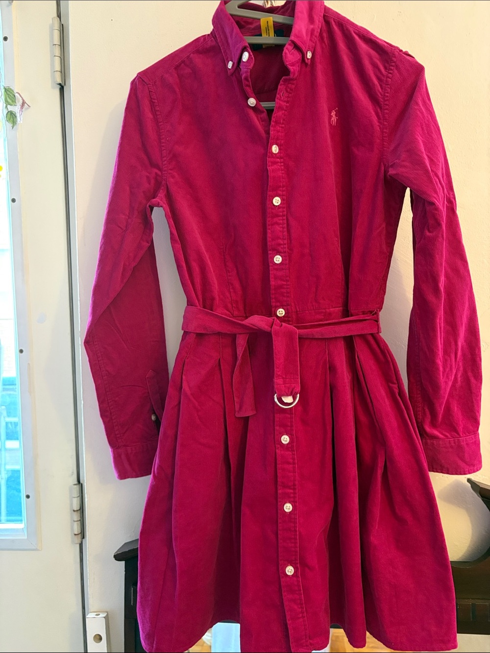 Ralph Lauren Girls' Fuchsia Corduroy Button-Front Dress with Tie Waist. Cotton